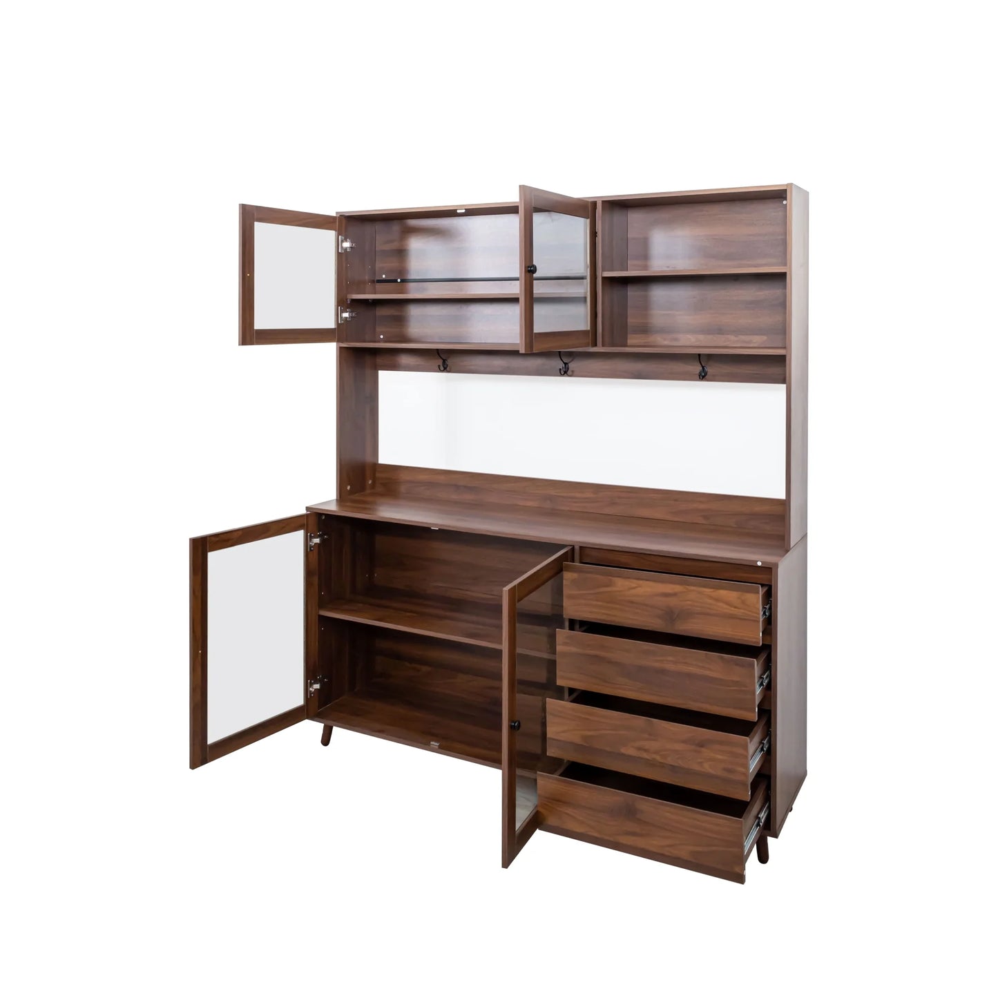 Large Kitchen Pantry Storage Cabinet w/4 Glass Doors & 4 Drawers, Food Hutch w/Microwave Stand & Hooks