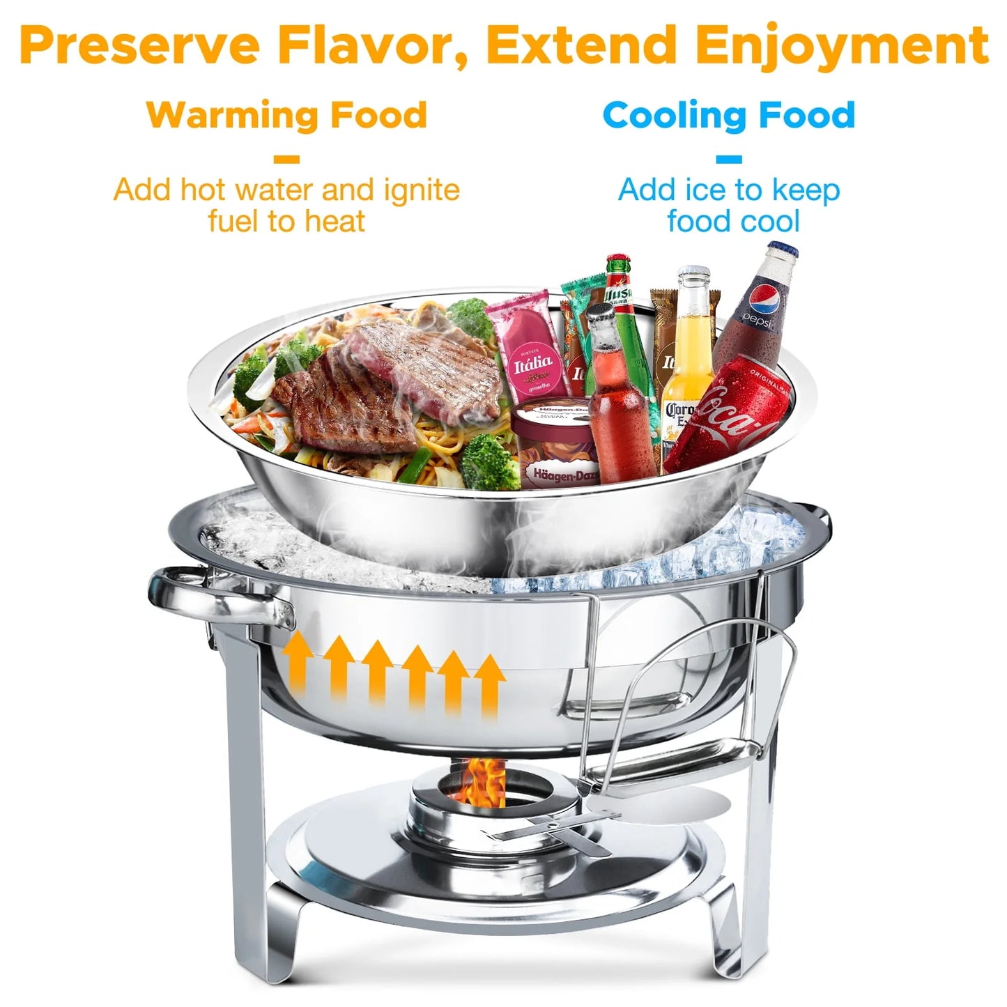 Warmounts Chafing Dish Buffet Set, 2 Pack 5-Quart Round Buffet Chafe Warmer Set, 410 Stainless Steel Chafing Dish Buffet Food Warmer with Glass Lid & Holder for Party Home Garden Wedding Events