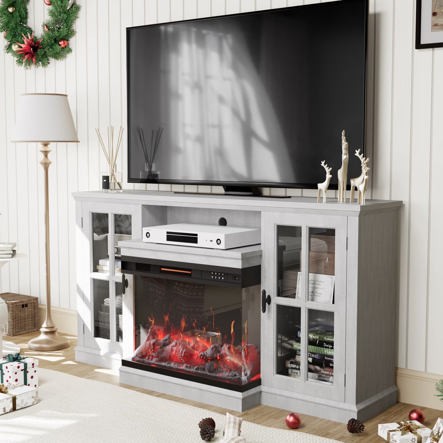 Homall Fireplace TV Stand for TVs up to 65" 3-Sided Glass Modern Media Entertainment Center with Cabniet Storage Adjustable Flame Color Fireplace,Gray