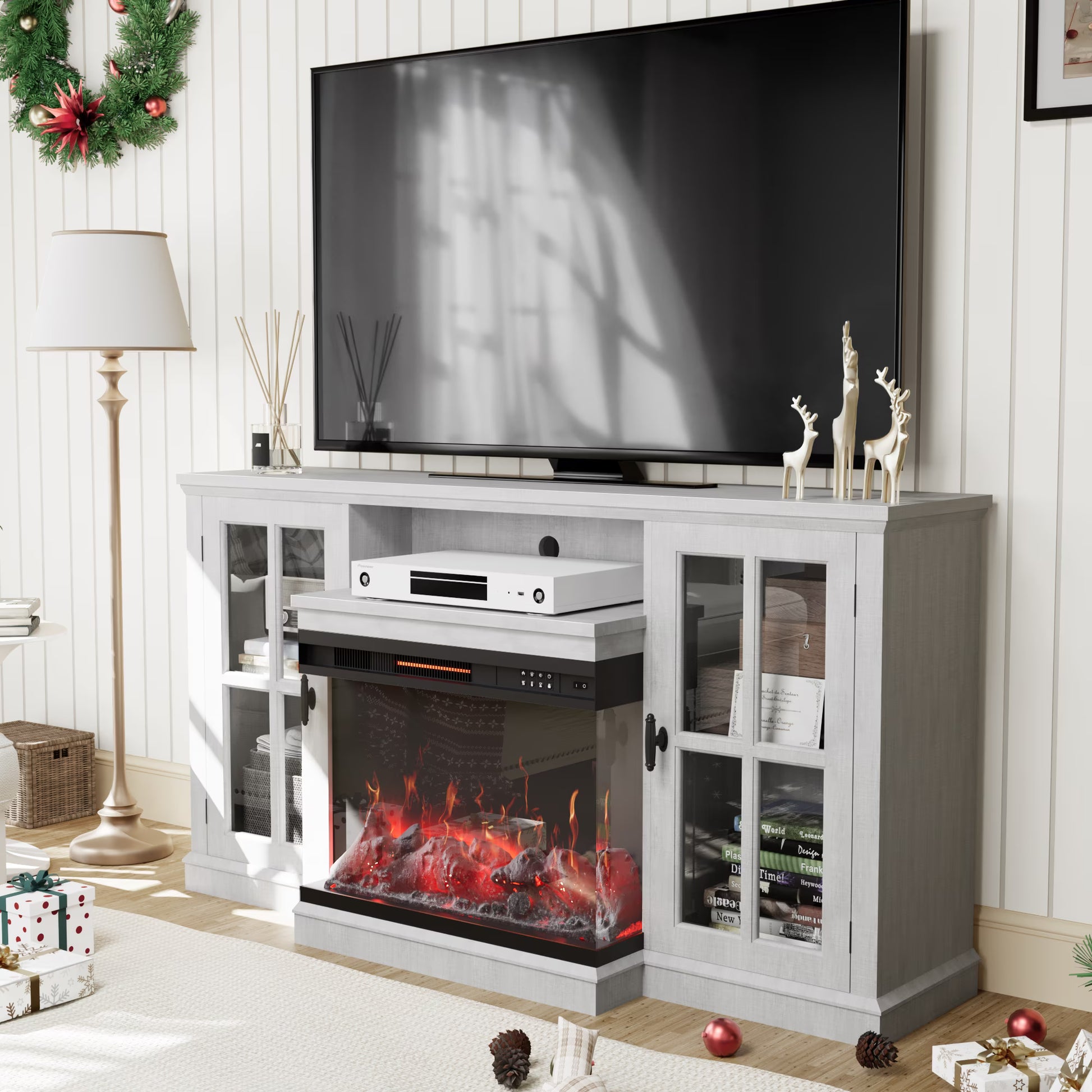 Homall Fireplace TV Stand for TVs up to 65" 3-Sided Glass Modern Media Entertainment Center with Cabniet Storage Adjustable Flame Color Fireplace,Gray