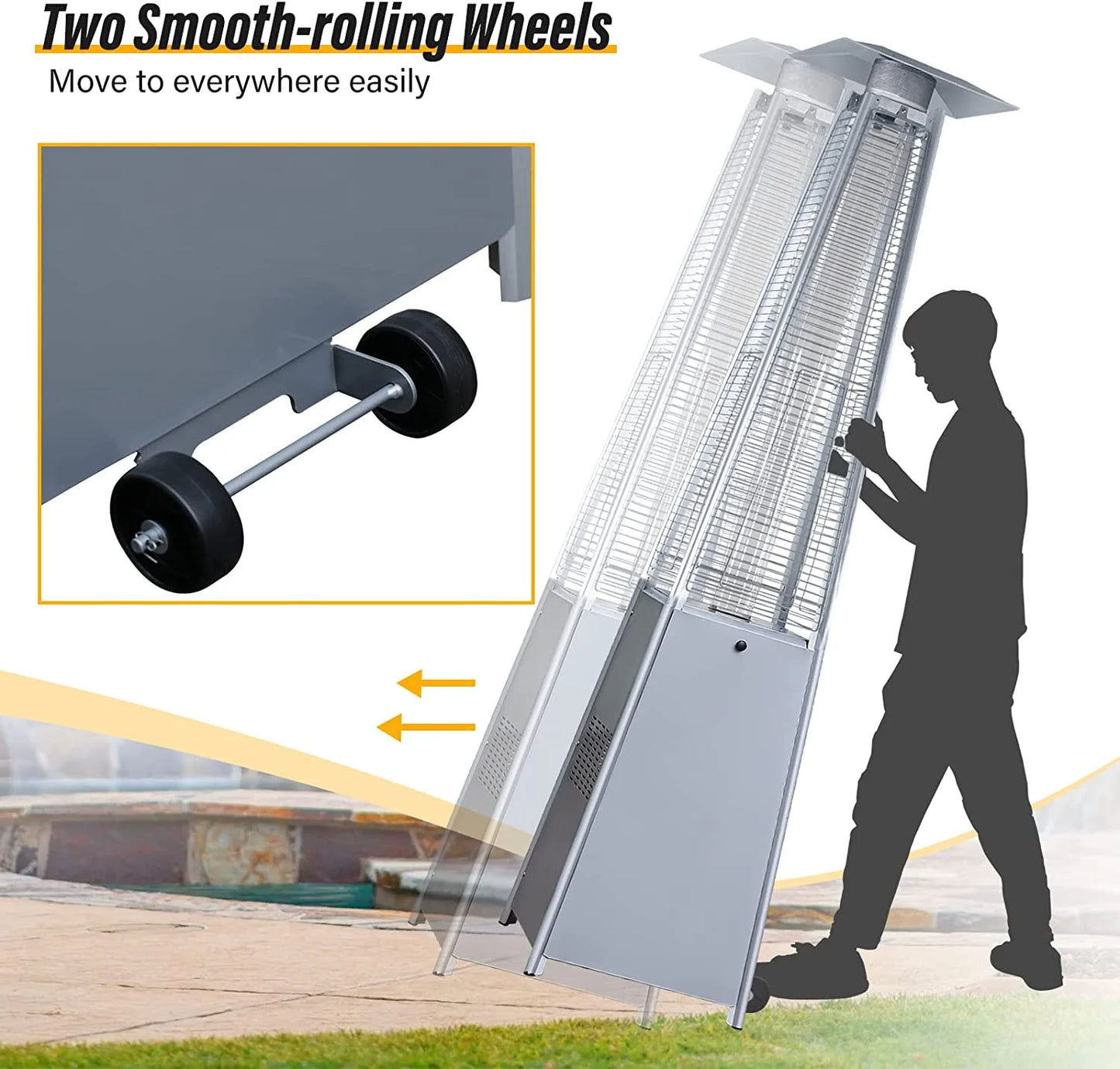 LAUSAINT HOME 87'' Tall Pyramid Patio Heater with Wheels, Glass Tube Flame Heating 48000 BTU & Dust Cover