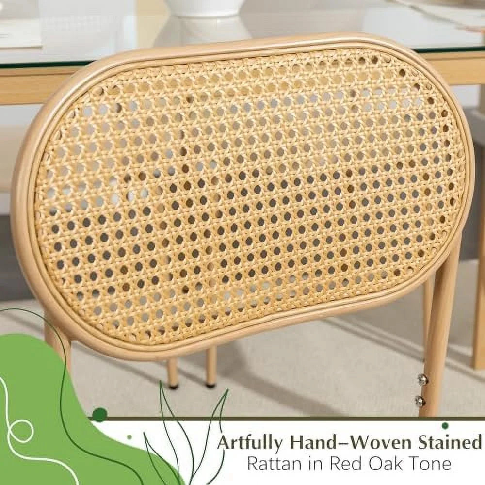 Boho 47 in Dining Table, Tempered Glass Tabletop with Rattan, Metal Legs, for Kitchen Dinner Living Room Reception