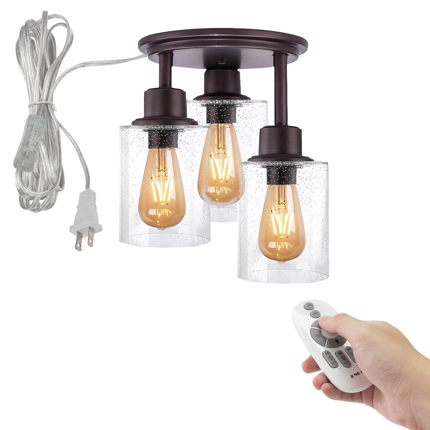 FSLiving 3-Head Glass Hanging Light with 15ft Plug-in Cord Brown Decorative Plug In Ceiling Light Remote Control Hallway Pendant Light,Industrial Semi Flush Mount for Living Roon Bedroom