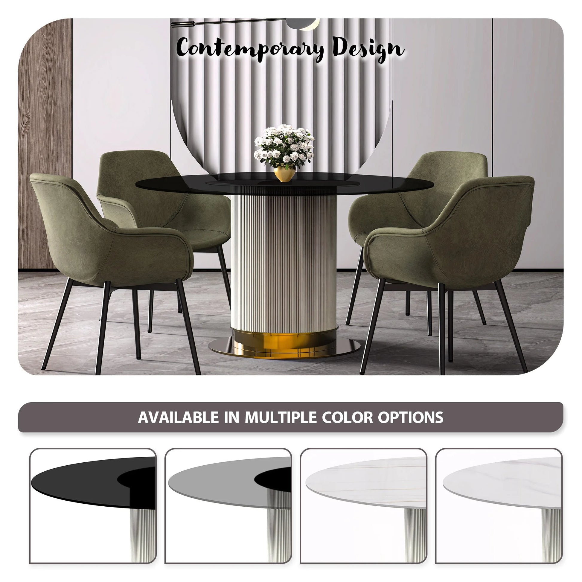 LeisureMod Jexis 60" Mid-Century Modern Round Dining Table with Glass/Sintered Stone Top and White/Gold Stainless Steel Pedestal Base for Kitchen and Dining Room (Black)