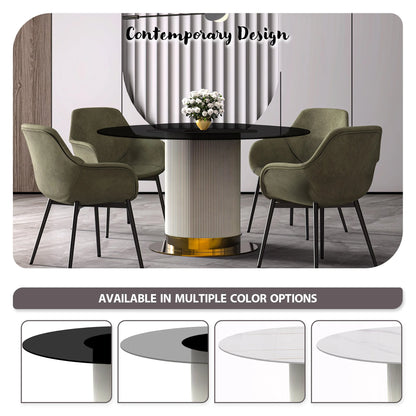 LeisureMod Jexis 60" Mid-Century Modern Round Dining Table with Glass/Sintered Stone Top and White/Gold Stainless Steel Pedestal Base for Kitchen and Dining Room (Black)