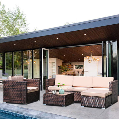 Rattan Patio Sofa Set, 4 Pieces Outdoor Sectional Furniture Set, All-Weather PE Rattan Wicker Patio Conversation Set, Cushioned Sofa Set with Glass Table & Pillows for Patio Garden Poolside Deck, B626