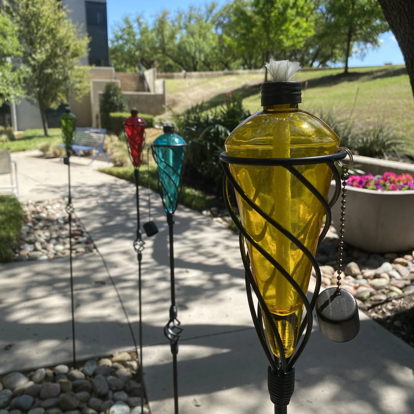 Westcharm 4 Pack 60 Inch Glass Garden Torch Light with Swirling Metal Ground Pole - Burning Citronella Torch Fuel | Outdoor Lighting for Party Patio Pathway Garden Décor - Assorted Colors