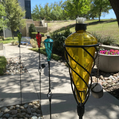 Westcharm 4 Pack 60 Inch Glass Garden Torch Light with Swirling Metal Ground Pole - Burning Citronella Torch Fuel | Outdoor Lighting for Party Patio Pathway Garden Décor - Assorted Colors
