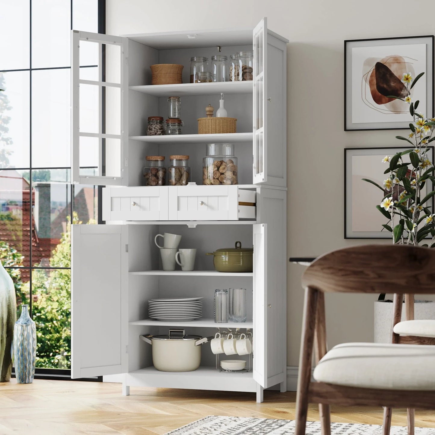 Homfa kitchen Pantry Cabinet with Glass Doors, 71'' Tall Storage Cabinet for Dining Room Living Room, White