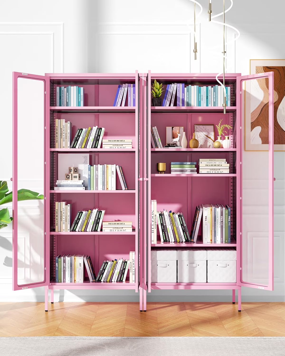 SUNCROWN Metal Storage Cabinet, Curio Display Cabinet with 2 Glass Display Door and 4 Shelves, Side Storage Organize, Modern Bookshelf Cabinet for livingroom, Bedroom, Kitchen, Black