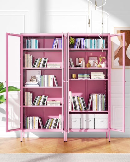 SUNCROWN Metal Storage Cabinet, Curio Display Cabinet with 2 Glass Display Door and 4 Shelves, Side Storage Organize, Modern Bookshelf Cabinet for livingroom, Bedroom, Kitchen, Black