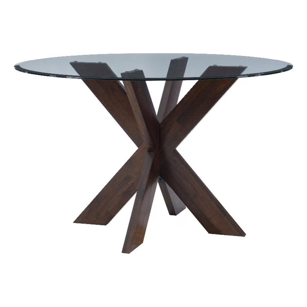 Linon Hale X Base Wood Dining Table With Glass in Natural Brown
