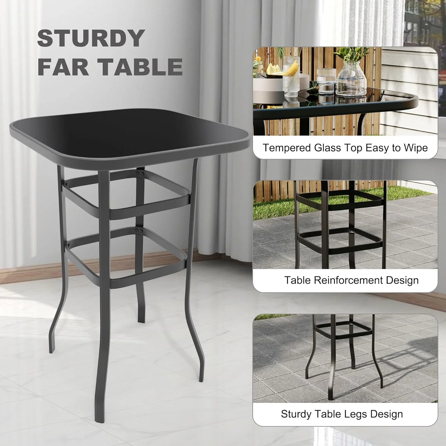 Garvee Outdoor Bar Table with Tempered Glass, Square High-Top Patio Bistro Table, Metal Frame Bar Height Table for Backyard, Poolside, Garden & Balcony