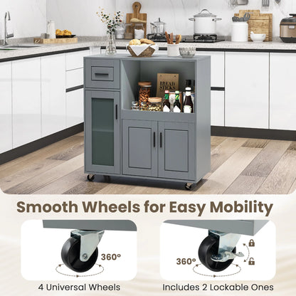 Gymax Kitchen Island Cart on Wheels Microwave Cabinet w/Frosted Tempered Glass Door