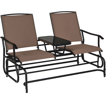 Gymax Patio 2-Person Glider Rocking Char Loveseat Garden w/Tempered Glass Table Brown