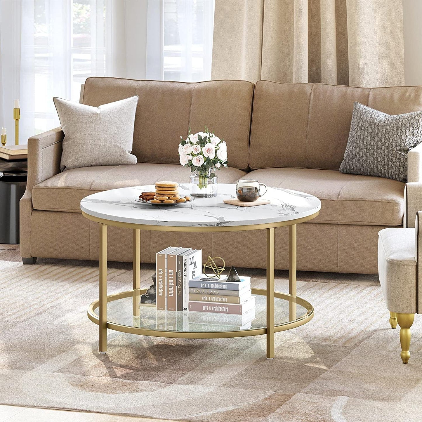 DEXTRUS 2-Tier Round Coffee Table Marble Center Cocktail Table with Glass Open Storage Shelf, White & Gold