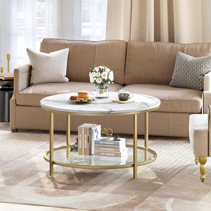 DEXTRUS 2-Tier Round Coffee Table Marble Center Cocktail Table with Glass Open Storage Shelf, White & Gold