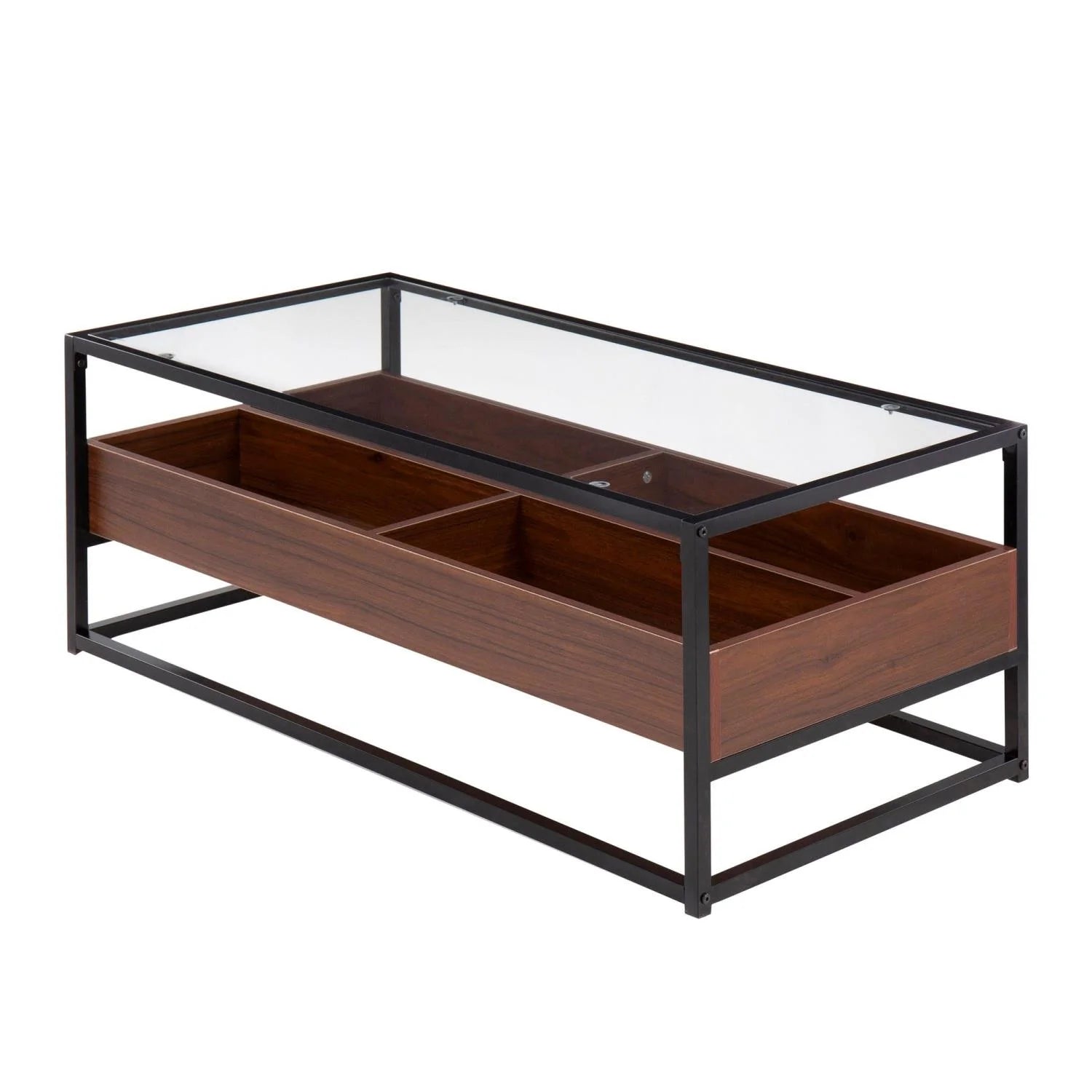 LumiSource Black Steel, Walnut Wood, Clear Glass Display Coffee Table
