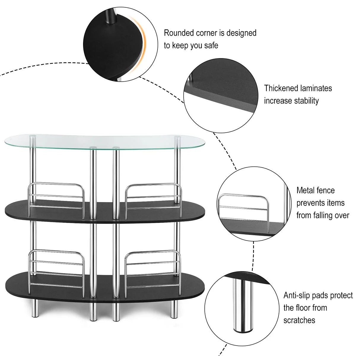 Giantex 3-Tier Glass Liquor Bar Cabinets, Wine Bar Storage with Tempered Glass Counter Top and Metal Frame, Bar Unit with 2 Shelves, Bar Organize Ideal for Home/Kitchen/Bar/Pub