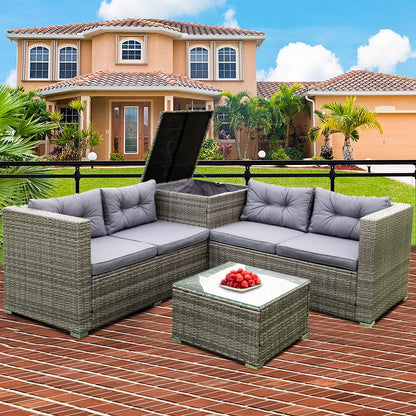 Rattan Patio Sofa Set, 4 Pieces Outdoor Sectional Furniture, All-Weather PE Rattan Wicker Patio Conversation, Cushioned Sofa Set with Glass Table & Storage Box for Patio Garden Poolside Deck