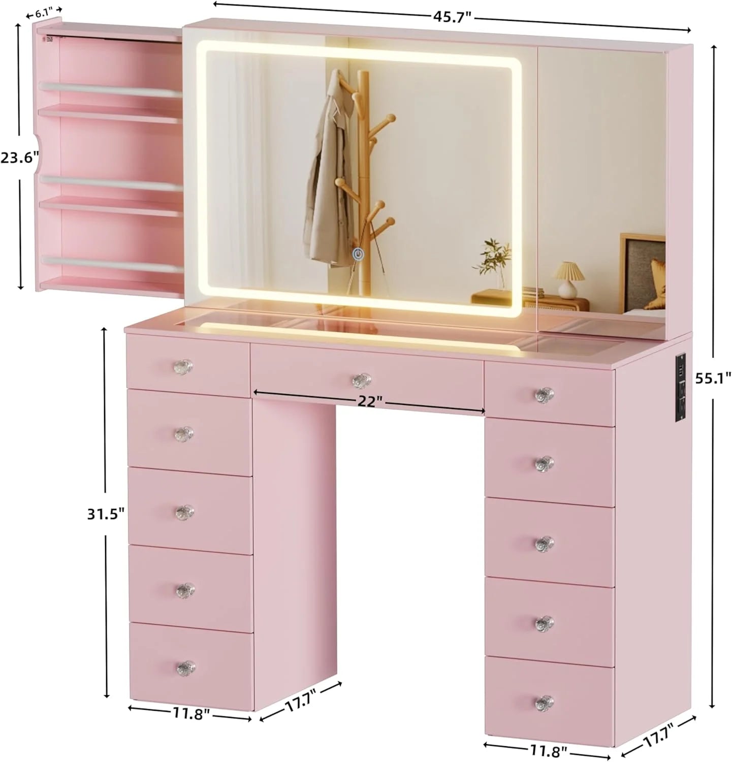 PAKASEPT Vanity Set with Lighted Mirror, Large Vanity Desk with Charging Station, Makeup Vanity Table with 11 Drawers & Hidden Sliding Storage Cabinet & Visible Glass Tabletop for Bedroom (White)