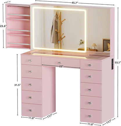 PAKASEPT Vanity Set with Lighted Mirror, Large Vanity Desk with Charging Station, Makeup Vanity Table with 11 Drawers & Hidden Sliding Storage Cabinet & Visible Glass Tabletop for Bedroom (White)