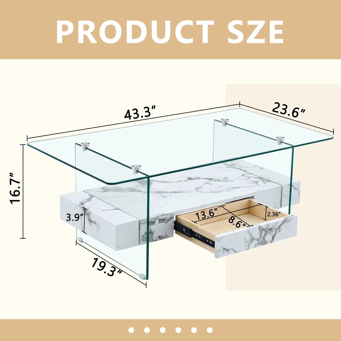 43.3 Inch Modern Two-Tier Coffee Table - Clear Tempered Glass and White Marble Texture, Multifunctional Storage Design.The bottom tier includes a drawer.Can be used as a coffee table,side table,etc.