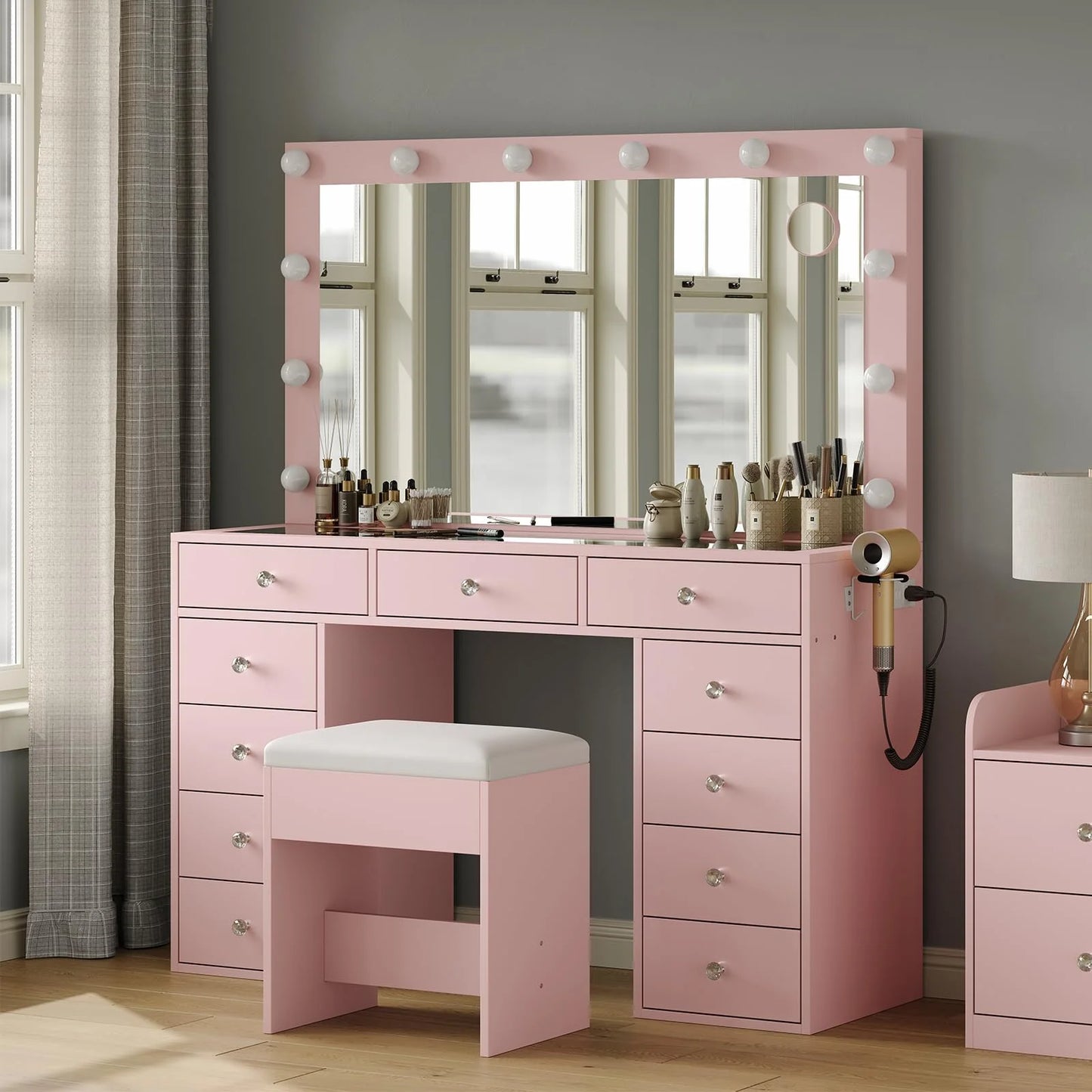 White Vanity Desk with Illuminated Mirror & Power Outlet, 11 Drawers Vanity Table with Chair, Makeup Vanity with 12 LED Lights, Tempered Glass Top, Dressing Table for Bedroom,Dressing Room