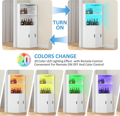 HAUXITIO Corner Bar Cabinet with Electrical Outlet, LED Lighting and Storage Drawer, 71" Home Coffee Bar Cabinet with Glass Rack