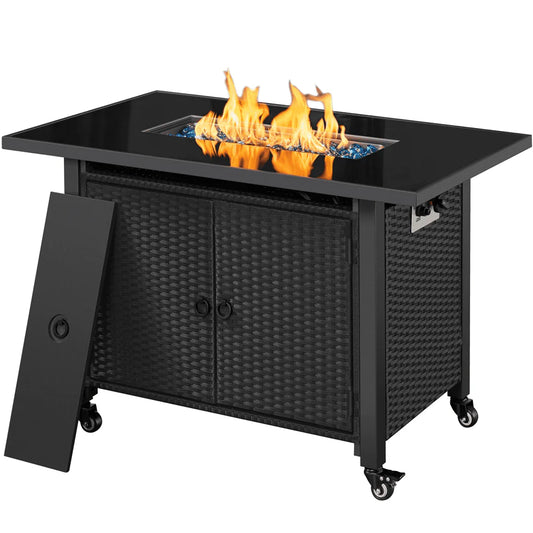 Topeakmart 43" Propane Firepit Table 50,000 BTU Glass Top Gas Fire Pit with Interchangeable Wheels & Feet, Black