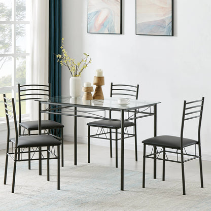 VECELO 5-Piece Dining Set Tempered Glass Top Table with 4 Upholstered Chairs for Home, Kitchen, Living Room, Black