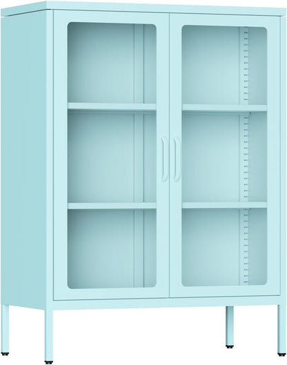 SUNCROWN Metal Storage Cabinet, Curio Display Cabinet with 2 Glass Display Door and 4 Shelves, Side Storage Organize, Modern Bookshelf Cabinet for livingroom, Bedroom, Kitchen, Black