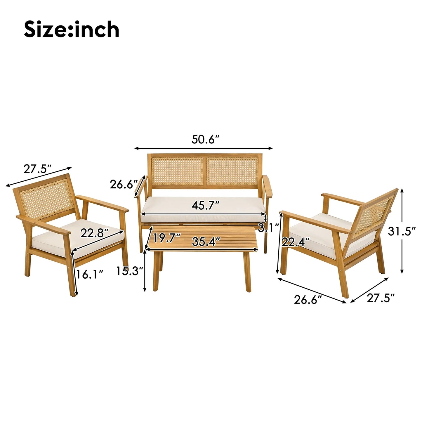 4 Piece Outdoor Patio Furniture Sets All Weather Outdoor Sofa PE Garden Furniture Wicker Rattan Patio Conversation Set with Glass Table & Beige Cushions