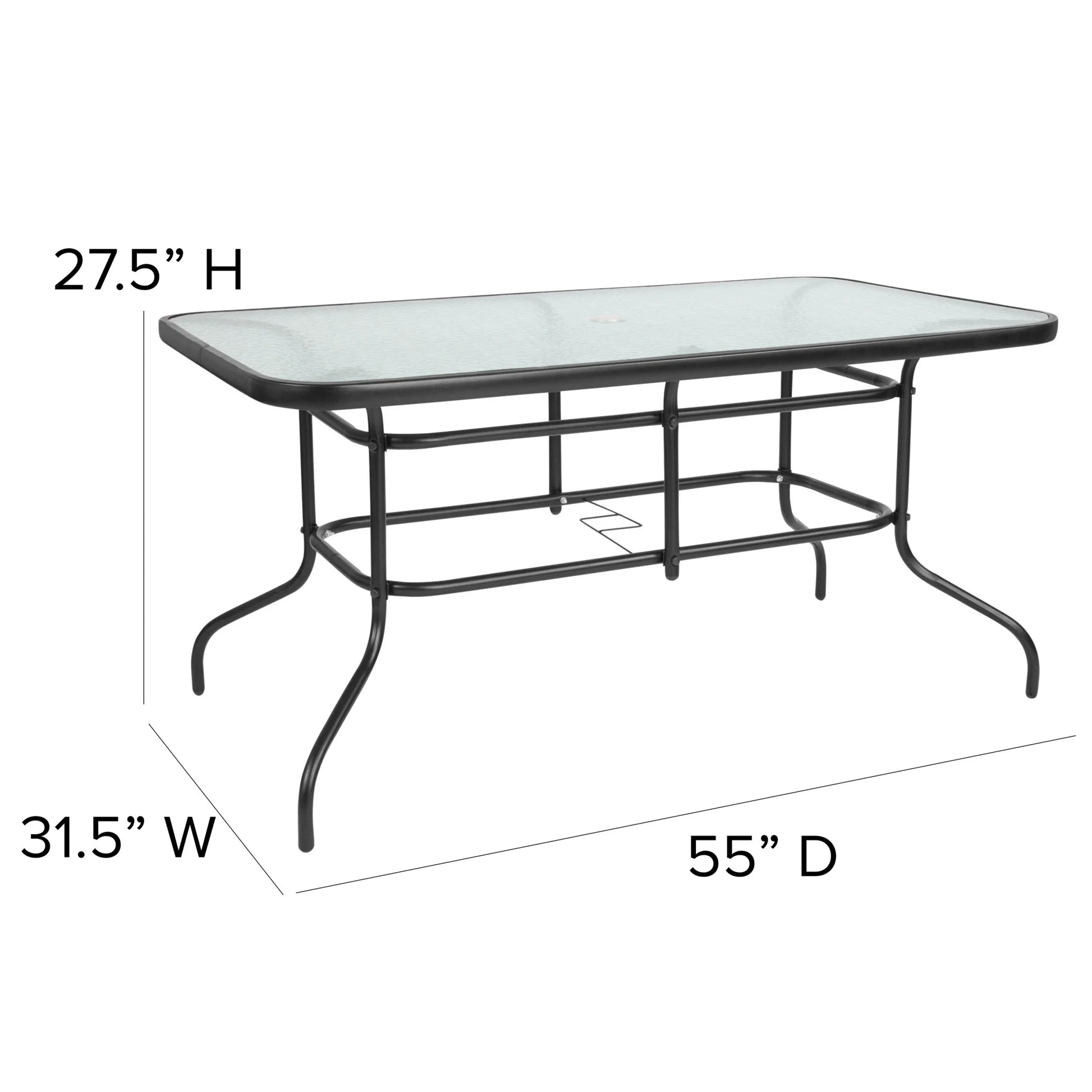 Flash Furniture Tory 31.5" x 55" Glass Metal Patio Table with Umbrella Hole, Black