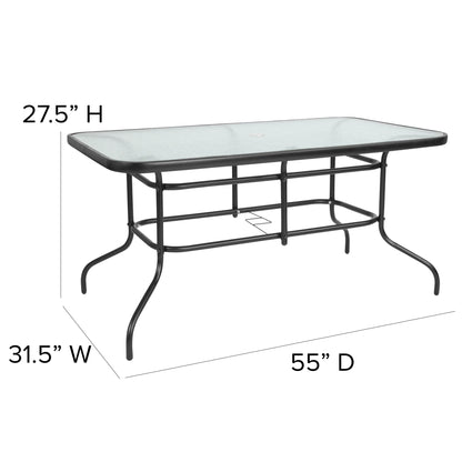 Flash Furniture Tory 31.5" x 55" Glass Metal Patio Table with Umbrella Hole, Black