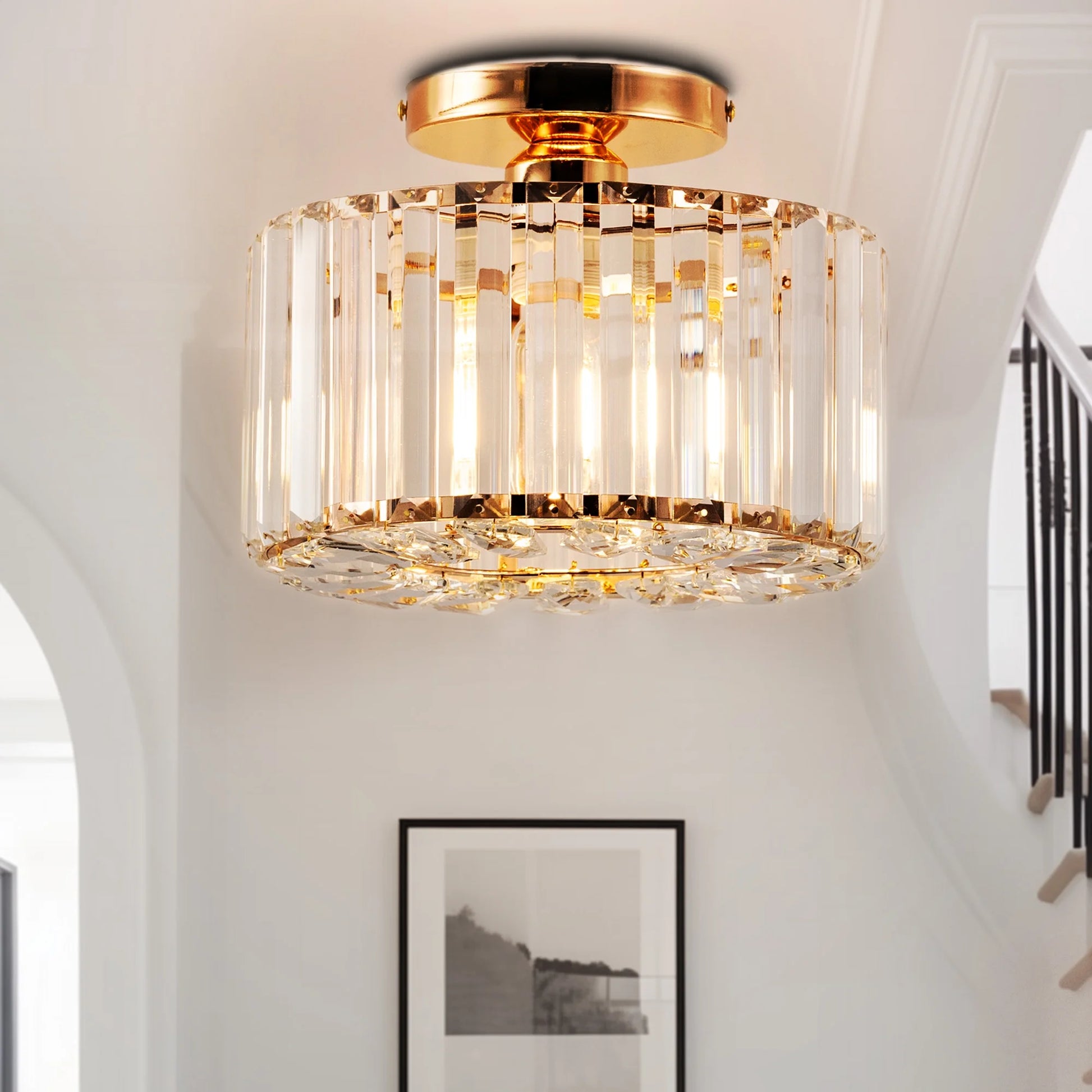 LOHASLED Industrial Semi Flush Mount Ceiling Light with Clear Hammered Glass,Black ,Modern Lighting for Hallway, Porch, Kitchen, Bathroom, Bedroom