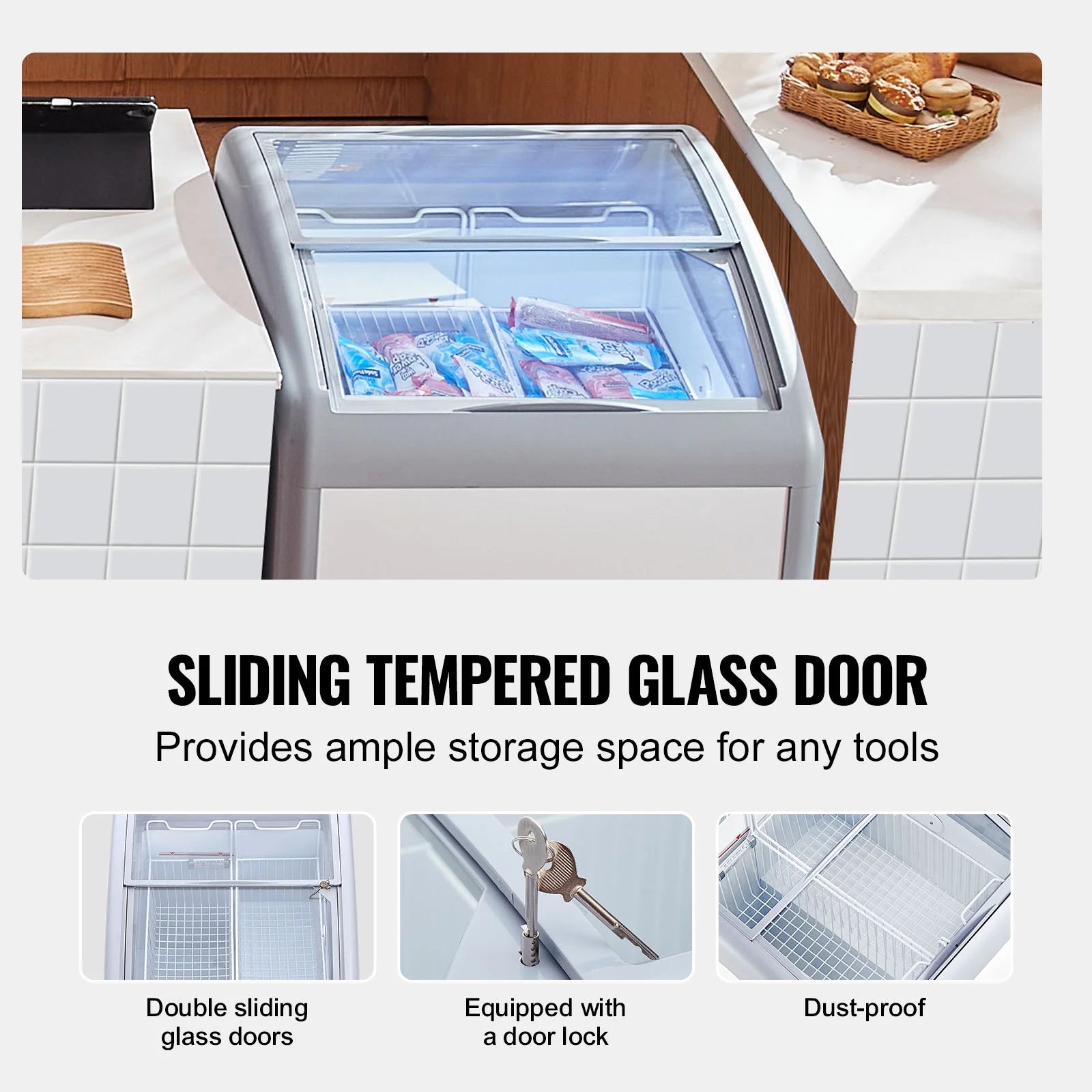 KFFKFF Professional Ice Cream Showcase, 5.4 Cubic Feet Storage Freezer, Portable Transparent Lid Deep Freezer, Dining Establishment Sorbet Serving Cabinet,2 Mesh Baskets, 2 Retractable Glass Doors