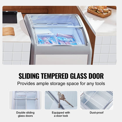 KFFKFF Professional Ice Cream Showcase, 5.4 Cubic Feet Storage Freezer, Portable Transparent Lid Deep Freezer, Dining Establishment Sorbet Serving Cabinet,2 Mesh Baskets, 2 Retractable Glass Doors