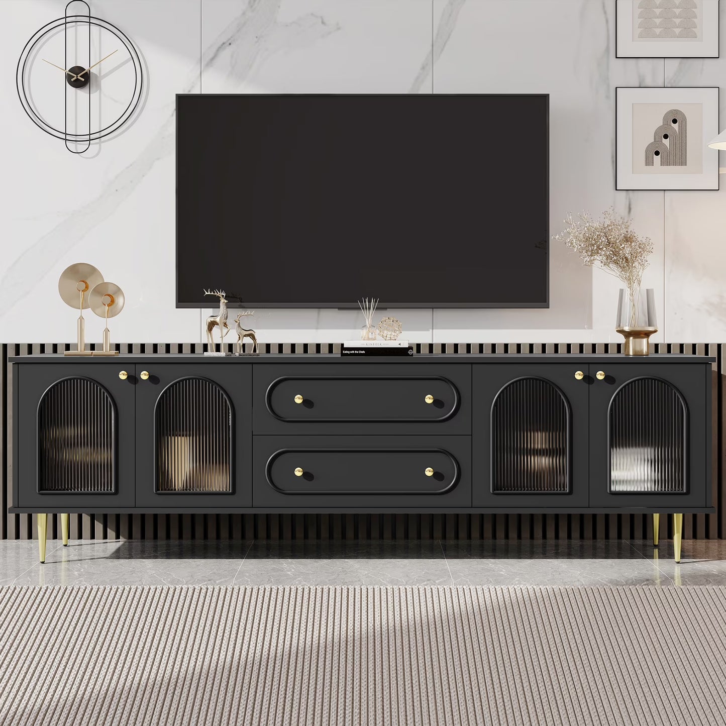 TV Stand for 80 inch TV, Entertainment Center with 2 Drawers and 2 Cabinets, Low Profile TV Consoles with Fluted Glass Doors and 5 Metal Legs for Living Room, Black