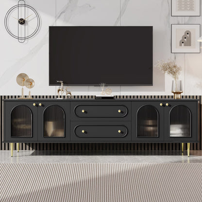 TV Stand for 80 inch TV, Entertainment Center with 2 Drawers and 2 Cabinets, Low Profile TV Consoles with Fluted Glass Doors and 5 Metal Legs for Living Room, Black