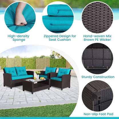 Gymax 4PCS Outdoor Conversation Set Patio PE Rattan Set w/Glass Table & Sofa Cushions Turquoise