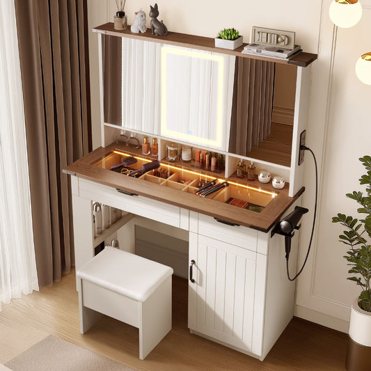 Vcatnet Vanity Table Set with Mirror and Lights Glass Top Makeup Vanity Desk with Storage Shelves and Drawers Dressing Table with LED Lights and USB Charging for Bedroom, Girls and Women