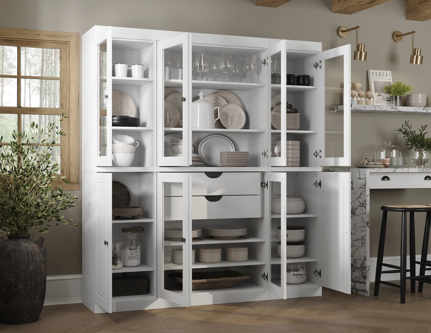 Palace Imports 100% Solid Wood Kitchen Pantry Storage Cabinet with Solid, Glass Doors, Adjustable Shelves and 2-Drawers, White
