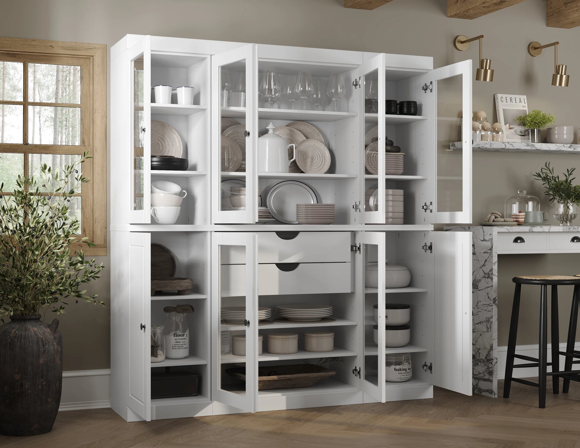 Palace Imports 100% Solid Wood Kitchen Pantry Storage Cabinet with Solid, Glass Doors, Adjustable Shelves and 2-Drawers, White