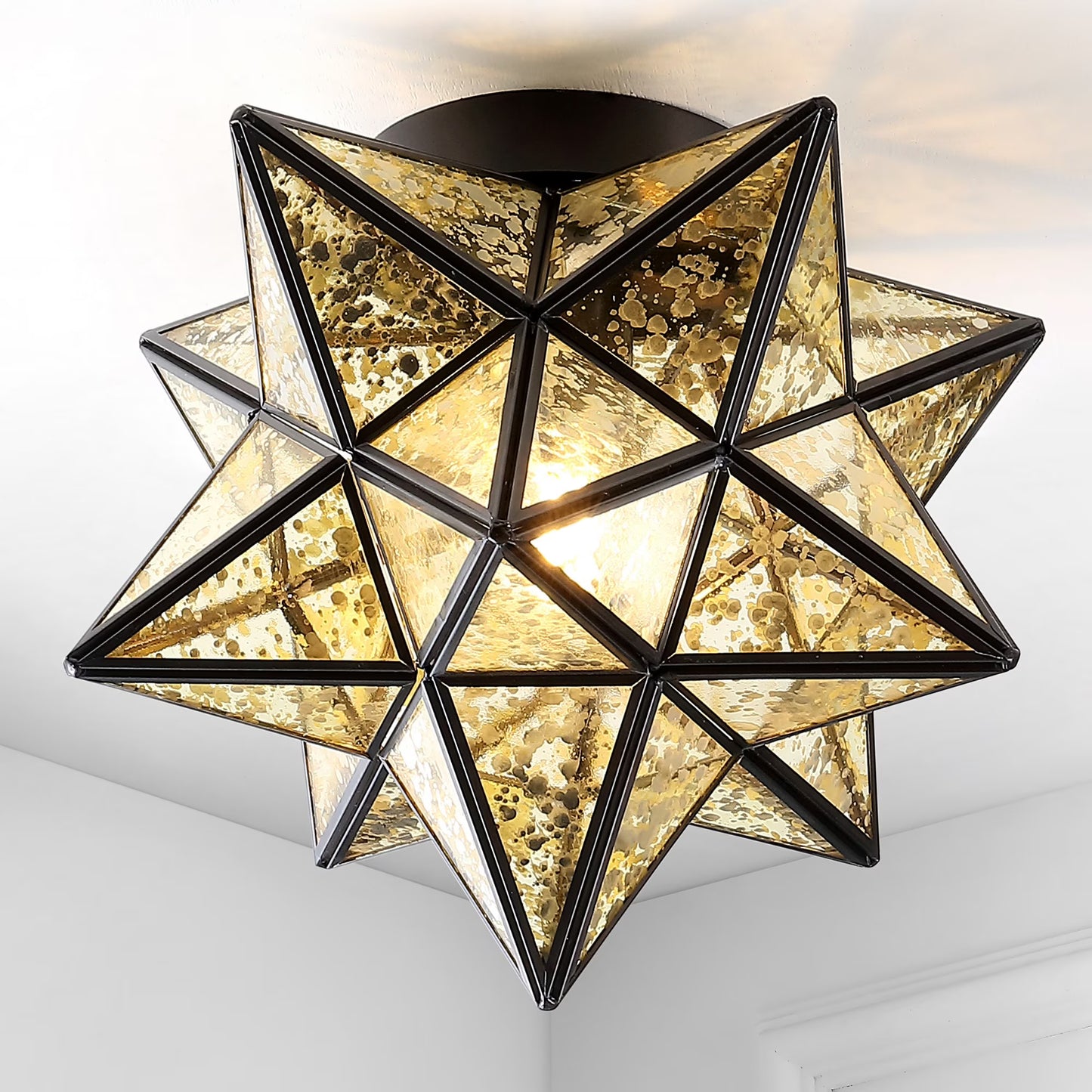JONATHAN Y Stella 12" Moravian Star Metal/Mercury Glass LED Flush Mount, Oil Rubbed Bronze