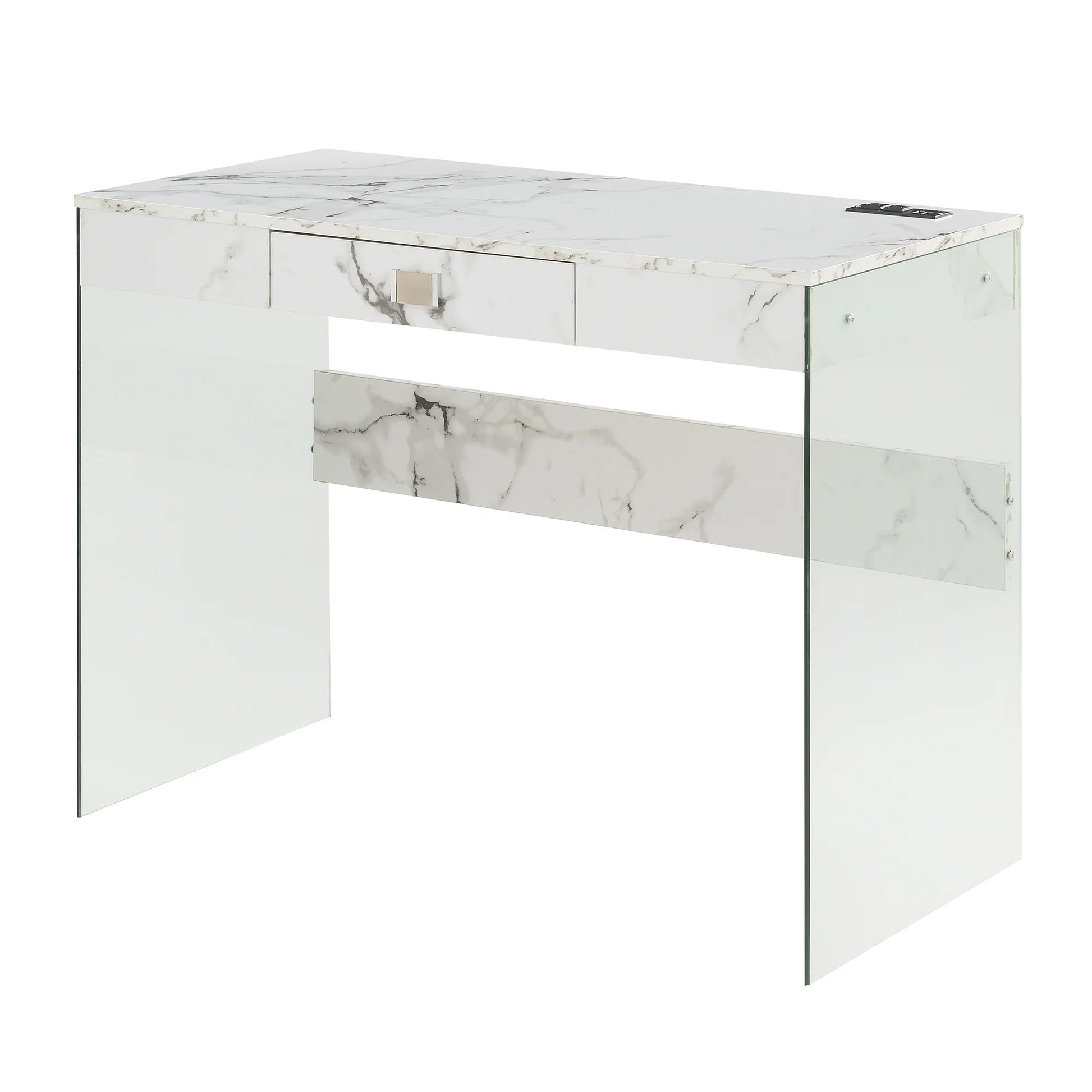 Convenience Concepts SoHo 30"H 42" W Glass Desk with Charging Station, White/Glass, All Ages