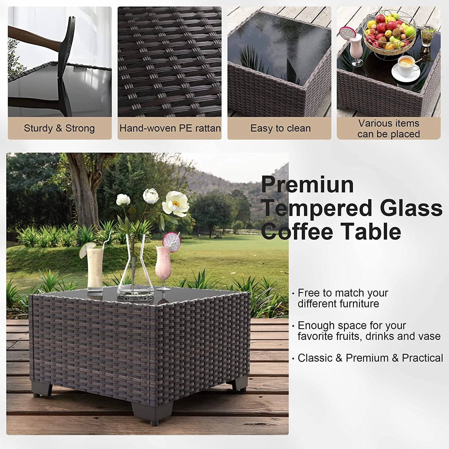 Grezone 7 Pieces Sectional Outdoor Furniture Sofa & Black-Glass Coffee Table