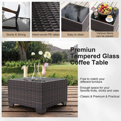Grezone 7 Pieces Sectional Outdoor Furniture Sofa & Black-Glass Coffee Table