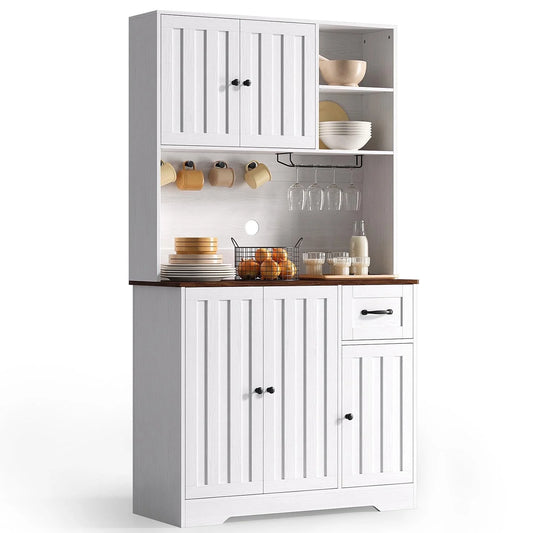 Coffee Bar, 71" Tall Kitchen Pantry Cabinet with Microwave Shelf, 5 Doors, 1 Drawers, 8 shelves, Wine glass rack, 4 Hooks, Cable Management