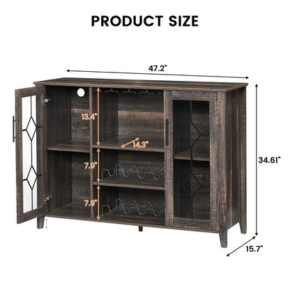 Garvee Farmhouse Wine Bar Cabinet with LED Lights, Coffee Bar Cabinet with Wine and Glasses Rack, Buffet Sideboard with Storage, Liquor Cabinet for Bar, Kitchen, Dining Room, Dark Oak